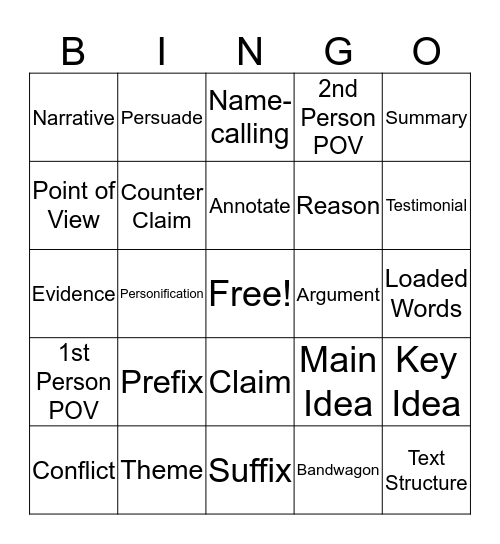 Vocabulary Bingo Card