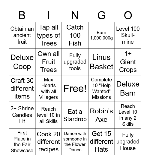 Stardew Valley Year 1 Bingo Card