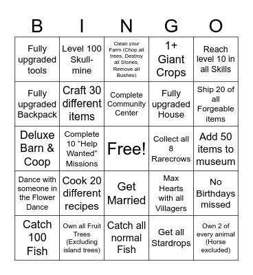 Stardew Valley Year 1 Bingo Card