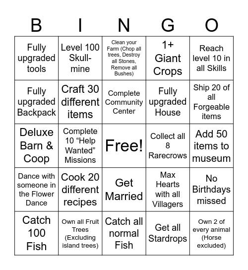 Stardew Valley Year 1 Bingo Card