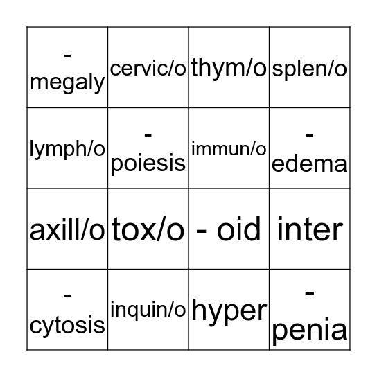 Lymphatic System Bingo Card