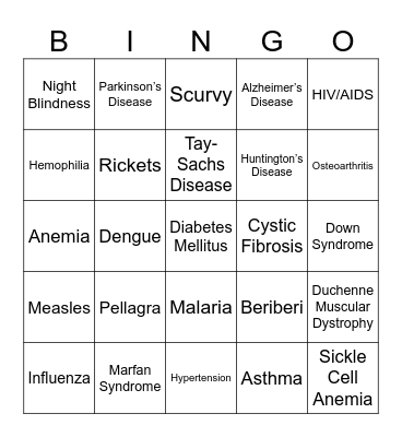 Disease Bingo Card