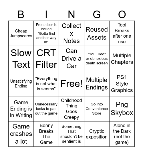 Indie Horror Game Bingo Card