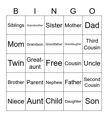 Family Members Bingo Card