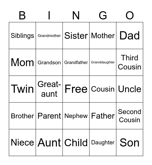 Family Members Bingo Card