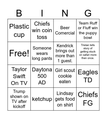 Super bowl Bingo Card