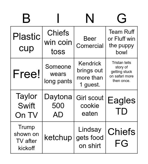 Super bowl Bingo Card