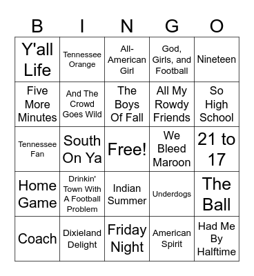 Music Bingo - Football Bingo Card