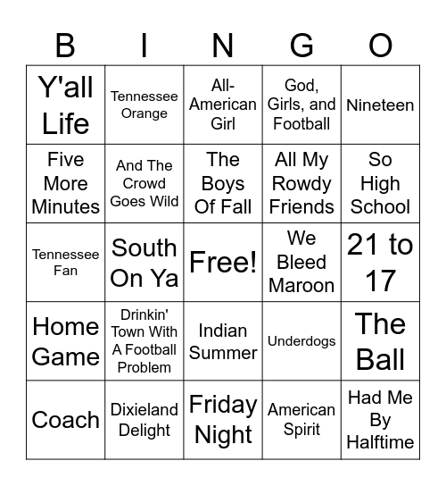 Music Bingo - Football Bingo Card