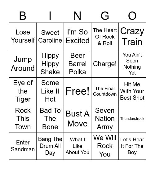 Music Bingo - Sports Anthems Bingo Card