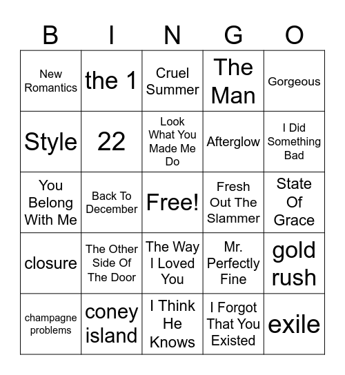 Taylor Swift Bingo Card