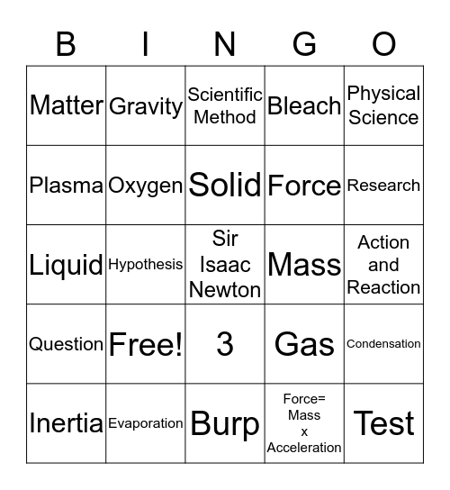 PHYSICAL SCIENCE BINGO Card