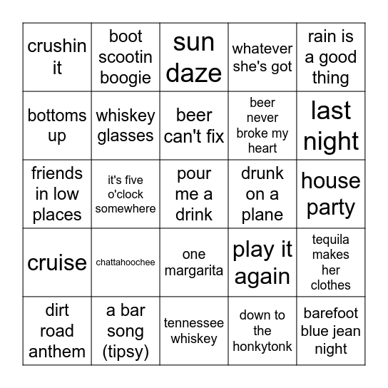 Country and Drinks Bingo Card