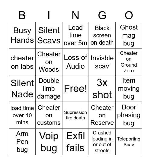 Nyxia Tarkov Bingo Card