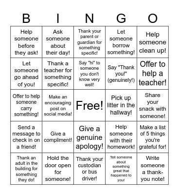 Kindness Bingo Card
