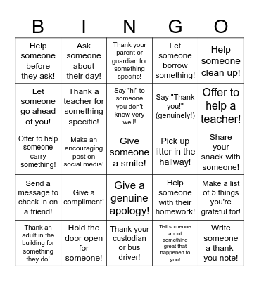 Kindness Bingo Card