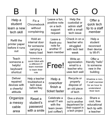 I.T.S. Random Act of Kindness Bingo Card