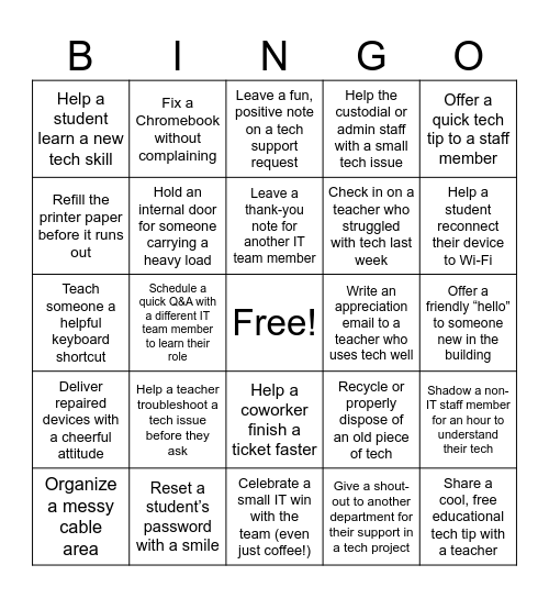 I.T.S. Random Act of Kindness Bingo Card