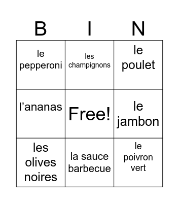 Les garnitures de pizza Bingo Card