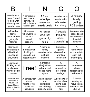 Realtor Referral Bingo Card