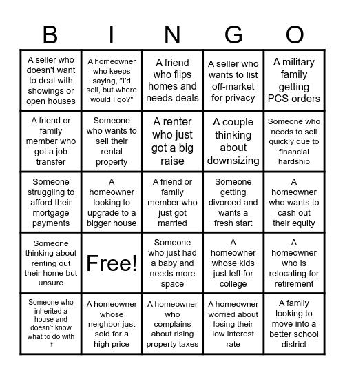 Realtor Referral Bingo Card