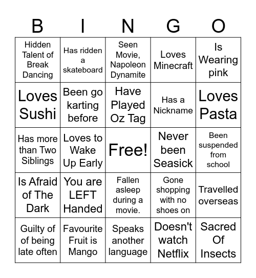 RANDOM FACTS Bingo Card