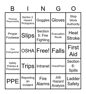 Our duty is to plan and perform every job Safely! Bingo Card