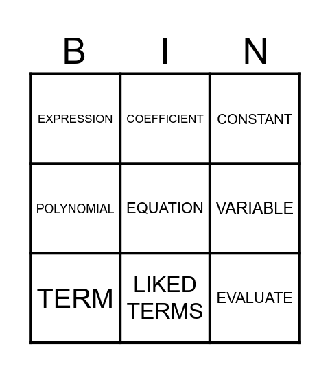 ALGEBRAIC EXPRESSION BINGO Card