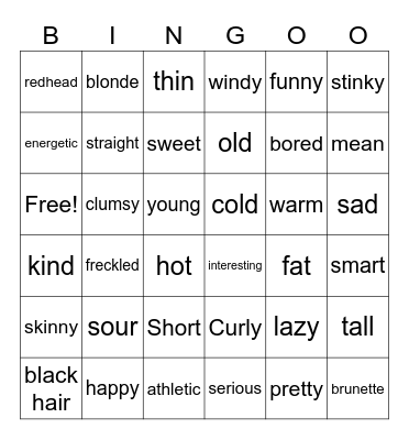 Adjectives Bingo Card