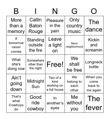 Garth Brooks Bingo Card