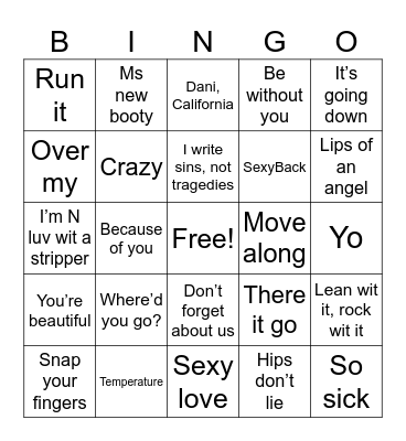 Billboard Hits 2006 Bingo Card