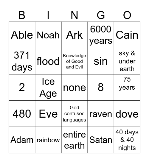 Adam, Eve, Noah Bingo Card