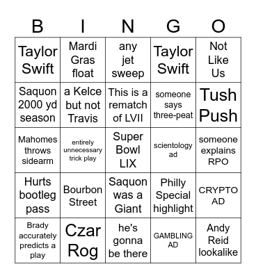 Super Bowl LIX Bingo Card