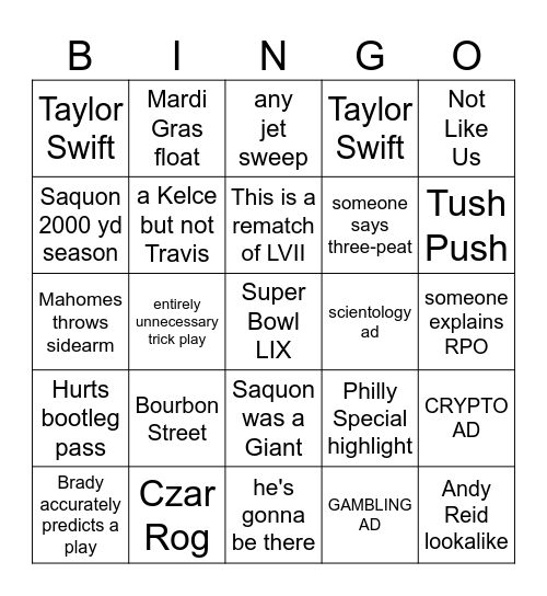 Super Bowl LIX Bingo Card