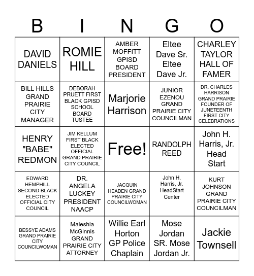 Grand Prairie, Texas Black Leaders Bingo Card