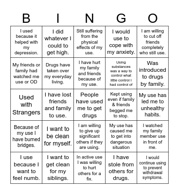 Substance Use Bingo Card