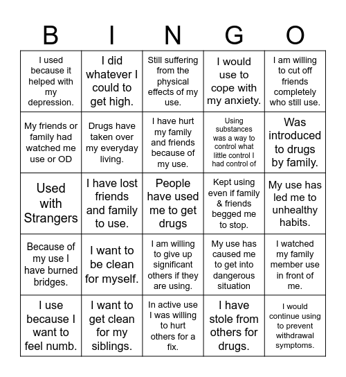 Substance Use Bingo Card