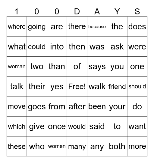 Sight Word BINGO Card