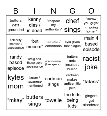 south park episode bingo Card