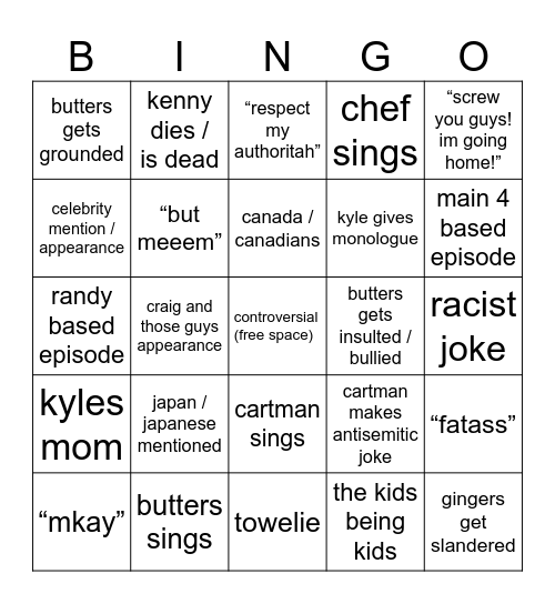 south park episode bingo Card