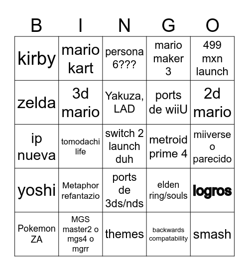 switch 2 Bingo Card