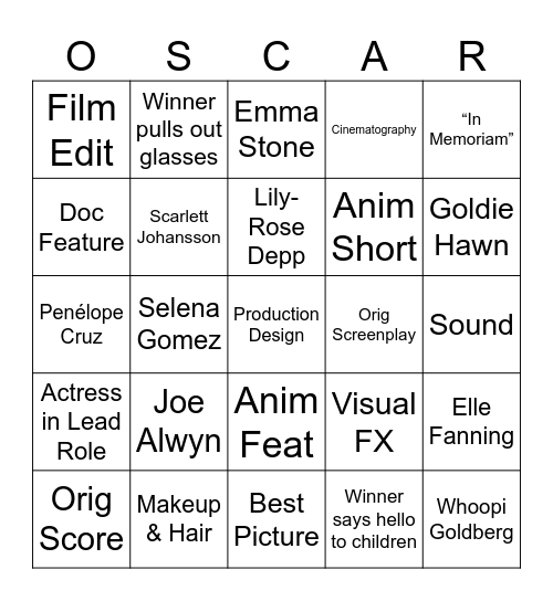 Oscar Bingo 2025 Bingo Card