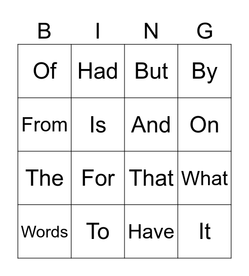 Sight word Bingo Card