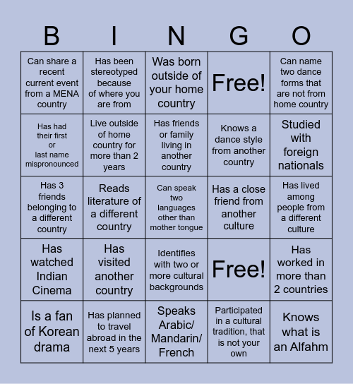 Cultural Sensitivity Bingo Card