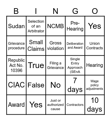 ADR Bingo Card