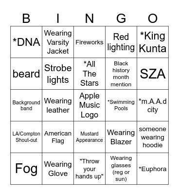 Super Bowl LIX Halftime Show Bingo Card