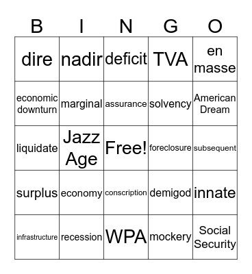 Great Depression Bingo Card