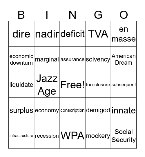 Great Depression Bingo Card