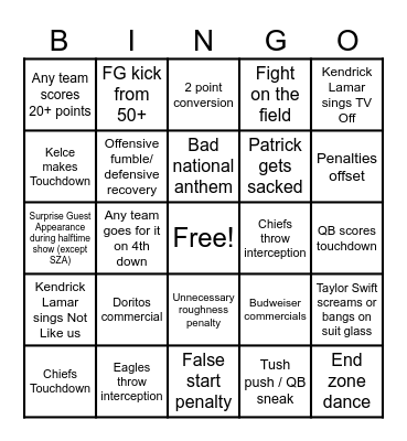 Superbowl Bingo Card