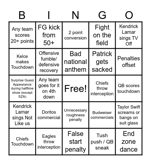 Superbowl Bingo Card